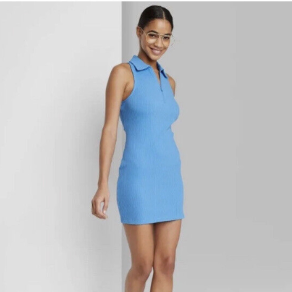 Women's Sleeveless Zip Front Ribbed Bodycon Polo Dress